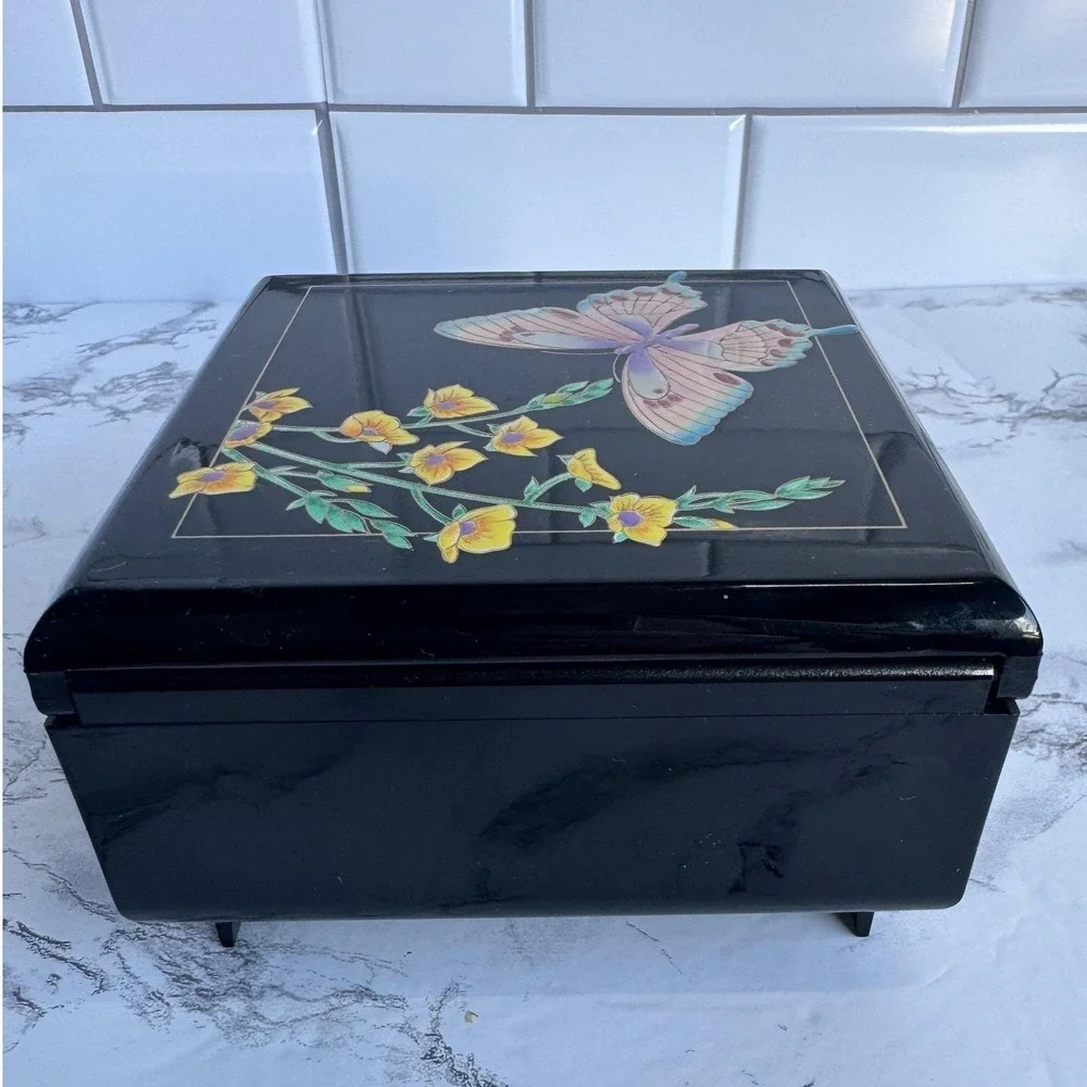 San Francisco Music Box Company Black Butterfly Floral Lacquer Jewelry Box